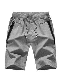 STICKON Mens 7" Inseam Workout Shorts Elastic Waist Drawstring Summer Casual Short Pants Zipper Pockets