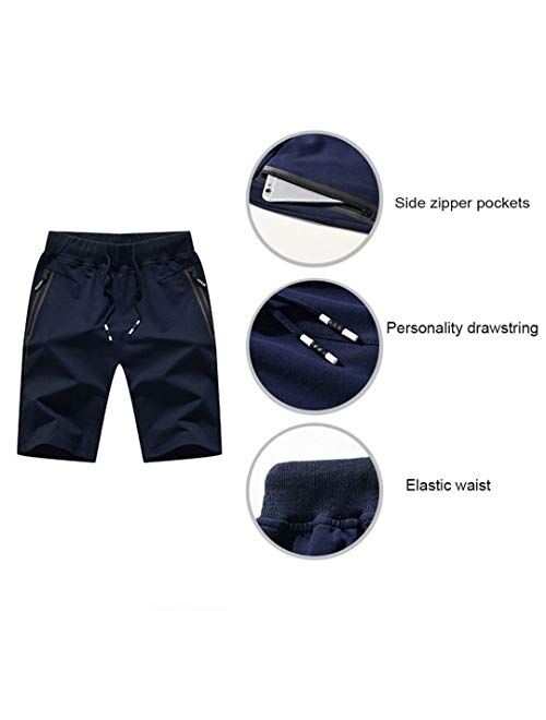 STICKON Mens 7" Inseam Workout Shorts Elastic Waist Drawstring Summer Casual Short Pants Zipper Pockets