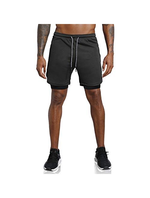 Leidowei Men's 2 in 1 Workout Running Shorts Lightweight Training Yoga Gym 7" Short with Zipper Pockets