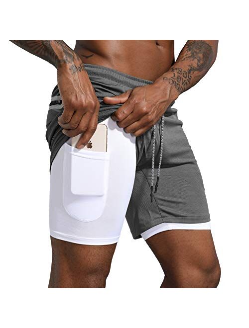 Leidowei Men's 2 in 1 Workout Running Shorts Lightweight Training Yoga Gym 7" Short with Zipper Pockets