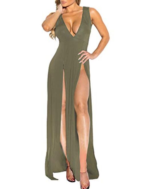 Memorose Bandage Double Slit Deep V Neck Sleeveless Bodycon Clubwear Maxi Vest Dress