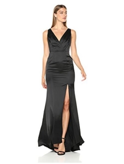 Women's Sleevelss Faux Wrap Bodice Light Satin High Slit Dress