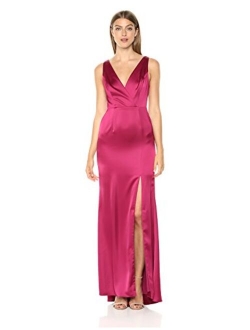 Women's Sleevelss Faux Wrap Bodice Light Satin High Slit Dress