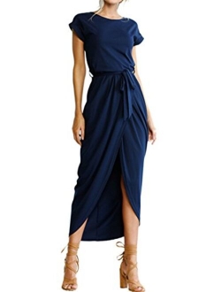 YMING Women Summer Casual High Waist Midi Dress Solid Color Wrap Faux Dress with Belt