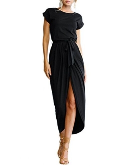 YMING Women Summer Casual High Waist Midi Dress Solid Color Wrap Faux Dress with Belt