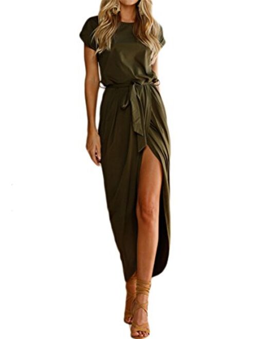 YMING Women Summer Casual High Waist Midi Dress Solid Color Wrap Faux Dress with Belt