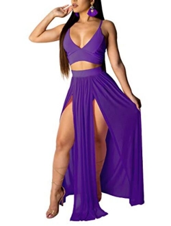 Women Sexy 2 Piece Outfits Dress Chiffon Strap Deep V Neck Bra Crop Top High Split Maxi Dresses Skirt Set