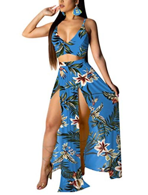 Women Sexy 2 Piece Outfits Dress Chiffon Strap Deep V Neck Bra Crop Top High Split Maxi Dresses Skirt Set