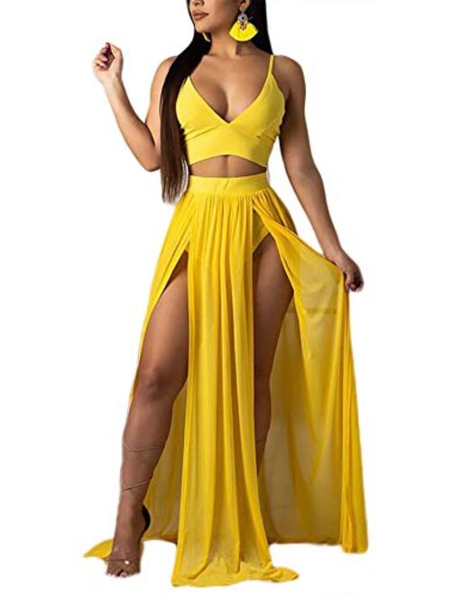 Women Sexy 2 Piece Outfits Dress Chiffon Strap Deep V Neck Bra Crop Top High Split Maxi Dresses Skirt Set