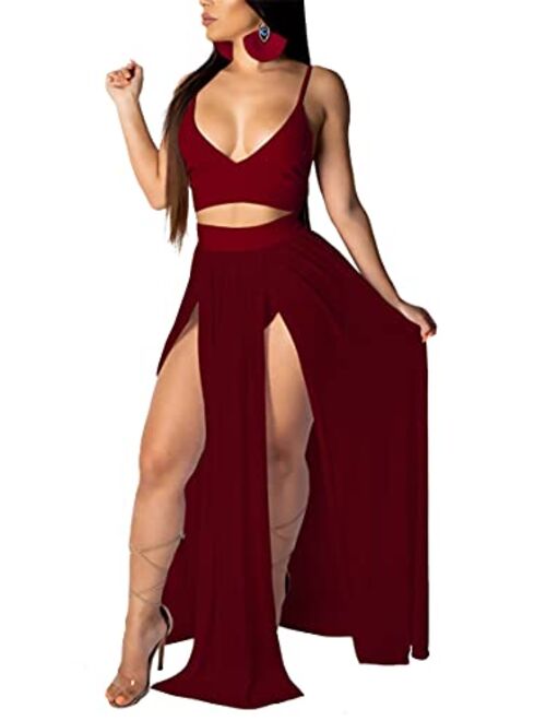 Women Sexy 2 Piece Outfits Dress Chiffon Strap Deep V Neck Bra Crop Top High Split Maxi Dresses Skirt Set