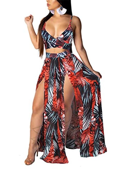 Women Sexy 2 Piece Outfits Dress Chiffon Strap Deep V Neck Bra Crop Top High Split Maxi Dresses Skirt Set