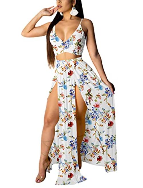 Women Sexy 2 Piece Outfits Dress Chiffon Strap Deep V Neck Bra Crop Top High Split Maxi Dresses Skirt Set