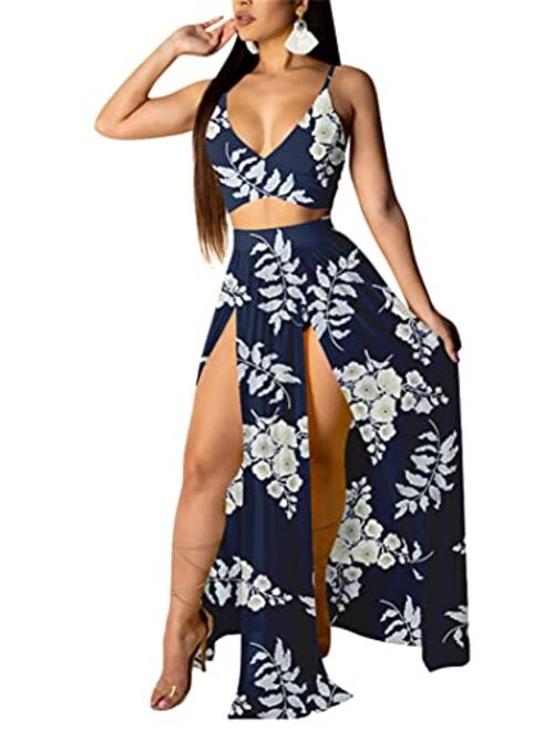 Women Sexy 2 Piece Outfits Dress Chiffon Strap Deep V Neck Bra Crop Top High Split Maxi Dresses Skirt Set