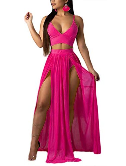 Women Sexy 2 Piece Outfits Dress Chiffon Strap Deep V Neck Bra Crop Top High Split Maxi Dresses Skirt Set