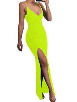 TOB Sexy Bodycon Sleeveless Spaghetti Strap Deep V-Neck Side Slit Evening Long Dress