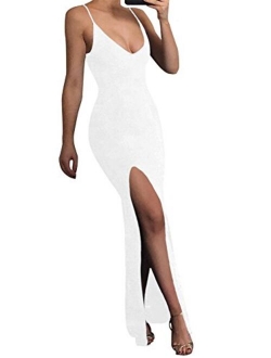 TOB Sexy Bodycon Sleeveless Spaghetti Strap Deep V-Neck Side Slit Evening Long Dress