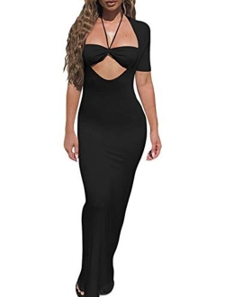 TOB Sexy Bodycon Sleeveless Spaghetti Strap Deep V-Neck Side Slit Evening Long Dress