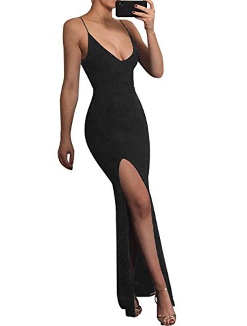 TOB Sexy Bodycon Sleeveless Spaghetti Strap Deep V-Neck Side Slit Evening Long Dress