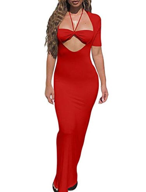 TOB Sexy Bodycon Sleeveless Spaghetti Strap Deep V-Neck Side Slit Evening Long Dress