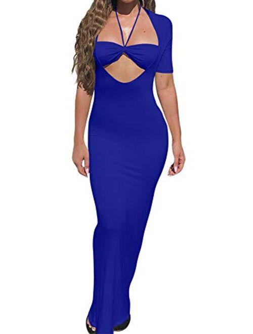 TOB Sexy Bodycon Sleeveless Spaghetti Strap Deep V-Neck Side Slit Evening Long Dress