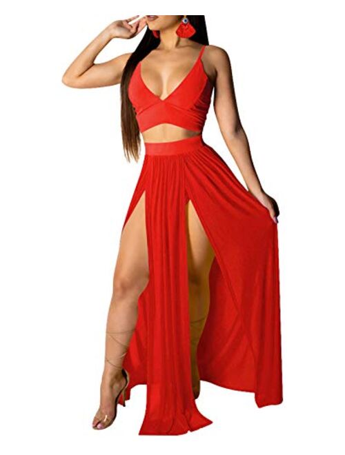 Rela Bota Women's Sexy Summer 2 Piece Maxi Chiffon Dress Crop Top Skirt Set Beachwear