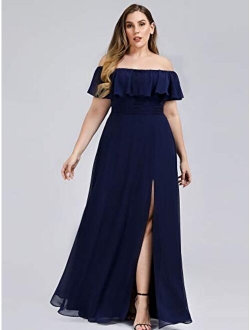 Women's Plus Size Off Shoulder Side Split Chiffon Maxi Dress 0968PZ