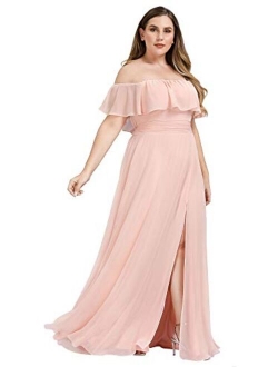 Women's Plus Size Off Shoulder Side Split Chiffon Maxi Dress 0968PZ