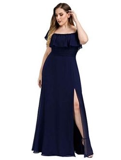 Women's Plus Size Off Shoulder Side Split Chiffon Maxi Dress 0968PZ