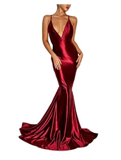 Ohvera Women's Spaghetti Strap Sequined V Neck Party Cocktail Evening Prom Gown Mermaid Maxi Long Dress