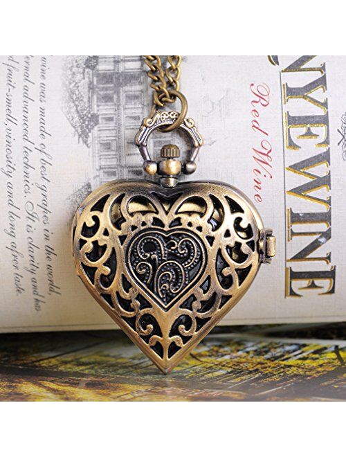 Souarts Antique Bronze Color Hollow Heart Shape Pocket Watch