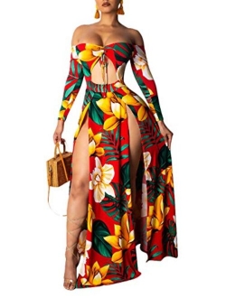 Women's Off Shoulder Maxi Dress Sexy Floral Print High Slit Long Sleeve Cutout Long Dress