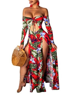 Women's Off Shoulder Maxi Dress Sexy Floral Print High Slit Long Sleeve Cutout Long Dress