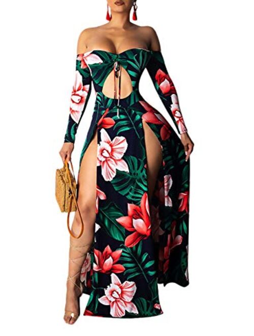 Aro Lora Women's Off Shoulder Maxi Dress Sexy Floral Print High Slit Long Sleeve Cutout Long Dress