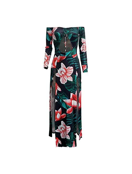 Aro Lora Women's Off Shoulder Maxi Dress Sexy Floral Print High Slit Long Sleeve Cutout Long Dress