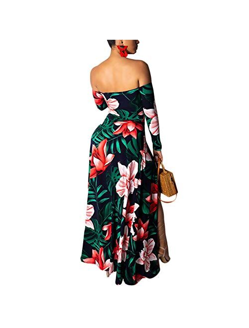 Aro Lora Women's Off Shoulder Maxi Dress Sexy Floral Print High Slit Long Sleeve Cutout Long Dress