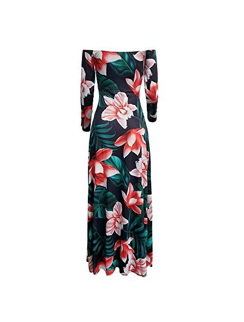 Aro Lora Women's Off Shoulder Maxi Dress Sexy Floral Print High Slit Long Sleeve Cutout Long Dress