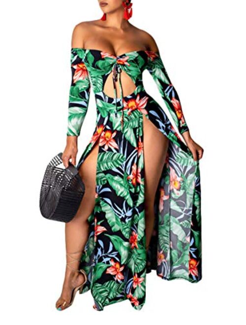 Aro Lora Women's Off Shoulder Maxi Dress Sexy Floral Print High Slit Long Sleeve Cutout Long Dress