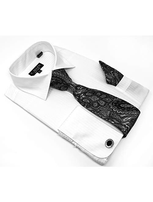 Men's Solid Striped Pattern Regular Fit Dress Shirts with French Cuffs Tie and Hanky Cufflinks Combo 