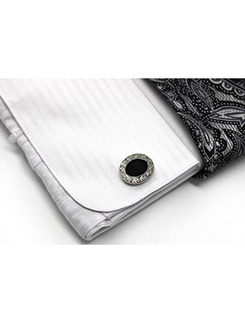 Men's Solid Striped Pattern Regular Fit Dress Shirts with French Cuffs Tie and Hanky Cufflinks Combo 