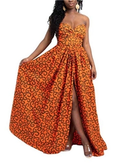 FEIYOUNG Women's Sexy Dashiki Floral Printed Side Slit Long Maxi Dresses Bohemian High Waist Vestidos