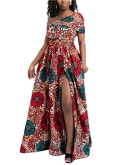 FEIYOUNG Women's Sexy Dashiki Floral Printed Side Slit Long Maxi Dresses Bohemian High Waist Vestidos