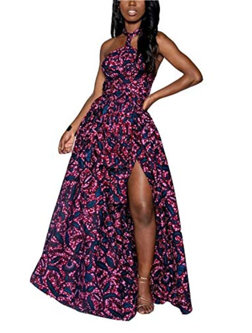 FEIYOUNG Women's Sexy Dashiki Floral Printed Side Slit Long Maxi Dresses Bohemian High Waist Vestidos