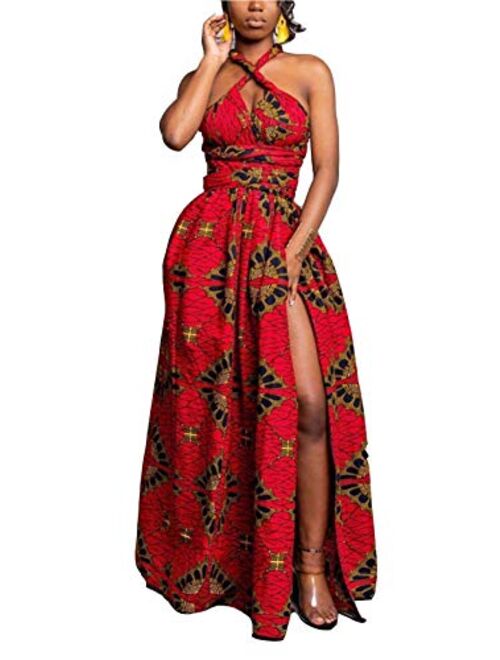 FEIYOUNG Women's Sexy Dashiki Floral Printed Side Slit Long Maxi Dresses Bohemian High Waist Vestidos