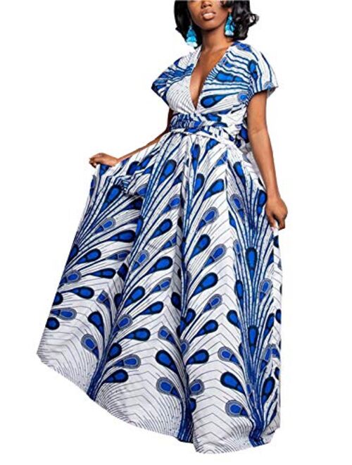 FEIYOUNG Women's Sexy Dashiki Floral Printed Side Slit Long Maxi Dresses Bohemian High Waist Vestidos