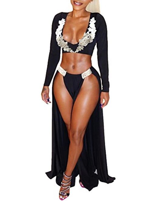 Cutedi Womens Black Floral Lace Deep V Neck Long Sleeve 2 Piece Crop Top Slit Maxi Dresses Skirt Set