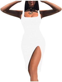 Women High Split Tank Dress Sexy Scoop Neck Sleeveless Club Bodycon Dress