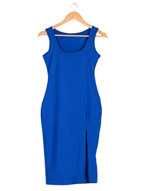 Women High Split Tank Dress Sexy Scoop Neck Sleeveless Club Bodycon Dress