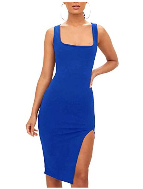 Women High Split Tank Dress Sexy Scoop Neck Sleeveless Club Bodycon Dress