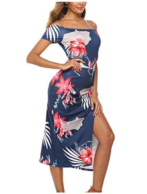 Women's Casual Off Shoulder Floral High Slit Evening Party Cocktail Midi Dresses