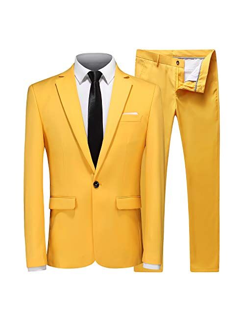 MOGU Mens Slim Fit 2 Piece Suit One Button Notch Lapel Tuxedo for Prom (Suit Jacket + Pants)